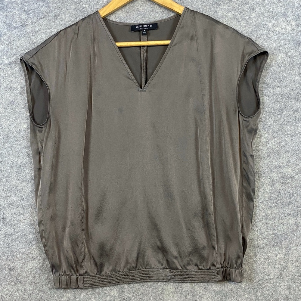 Lafayette 148 100% Silk Top Size LP Brown Sleeveless V-Neck Lux Chic Classy